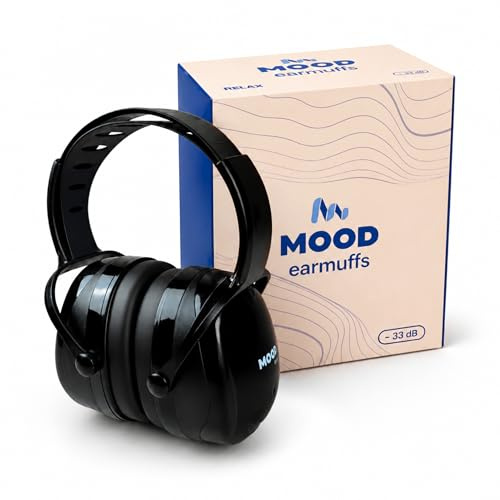 MOOD Cascos antiruido adultos: Reducción del ruido de 33 dB (SNR) - Cascos aislantes del ruido para estudiar, construcción, tiro deportivo - Marca española certificada - Relax Black
