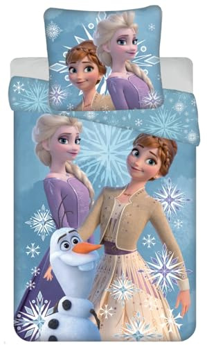 Die Eiskönigin Bettwäsche 135x200 + 80x80 ELSA Anna Olaf Snowflakes | Bettbezug-Set wendbar | 100% Baumwolle Oeko-Tex | Disney Lizenz | Elsa Anna Olaf | Deutsche Standardgrosse | Knopfverschluss