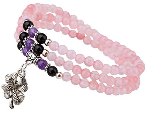KYEYGWO Quartz Rose Chakra Multi-Tours Bracelet pour Femme et Homme avec Chanceux Trèfle à Quatre Feuilles, Élastique Collier Unisexe en Ronde Bouddhiste Perle de Pierre Cristal, 20.4-22