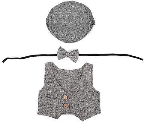 Hztyyier Neugeborenes Baby Fotoshooting Requisiten Gentleman Hut Bowtie gestrickte Fotografie Kostüm Kleidung flache Kappe, 0-1 Monate Baby(Schwarz-Weiss)