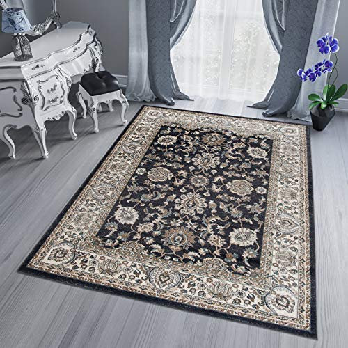 TAPISO Dubai Teppich Kurzflor Klassisch Orientalisch Anthrazit Grau Ornament Floral Rahmen Bordüre Wohnzimmer Schlafzimmer ÖKO-TEX 120 x 170 cm