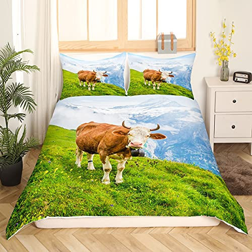 Greneric Kühe Trösterbezug Grünland Kuh Bettbezug Für Kinder Jungen Mädchen Bauernhaus Tier Bettwäsche Set Schnee Berg Natur Bettwäsche Mit 2 Kissenbezuge 220x240 Grün Blau Braun