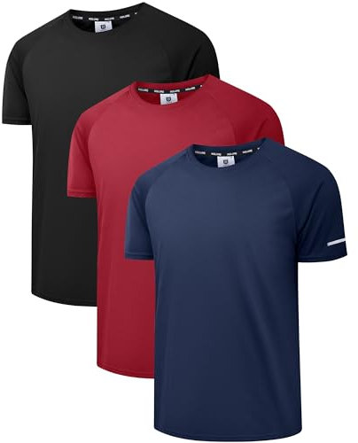 Holure Herren 3er Pack Sports Atmungsaktiv Schnelltrocknend Kurzarm T-Shirts Schwarz/Dunkelblau/Rot M