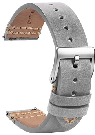 TStrap Leder Uhrenarmband 22mm - Weich Grau Quick Release Uhrenarmbänder Ersatz - Sport Uhrenarmband für Herren Damen - Smartwatches Armband mit Silber Schließe - 18mm 19mm 20mm 21mm