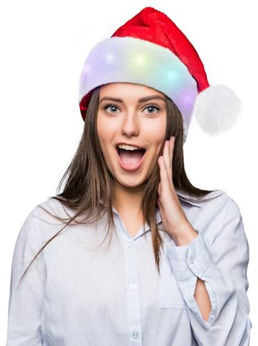 LED Weihnachtsmütze, Erwachsene Weihnachtsmütze Rot, Nikolausmütze mit leuchtendem, Santa Mütze Nikolaus Dicker Fellrand aus Plüsch Weihnachtsmützen für Weihnachten Neujahr festliche Feiertagsparty
