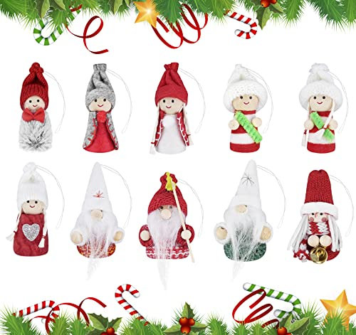 Homewit Handmade Christmas Dolls Pendant Set, 10Pcs Hanging Tree Decorations Christmas Ornaments 7cm Plush Angel Santa Elf Gnome for Xmas Festive Party Home Window Tree Decor in Box