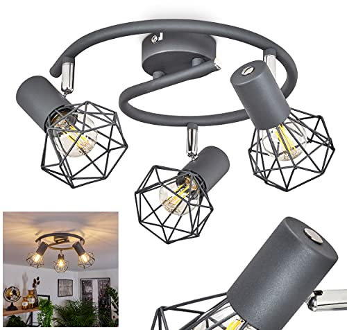 Deckenleuchte Gullspang, runde Deckenlampe im Industrial Design, Metall in Anthrazit/Chromfarben, moderne Leuchte m. Schirmen in Gitter-Optik u. Lichteffekt, 3-flammig, E14-Fassung, ohne Leuchtmittel