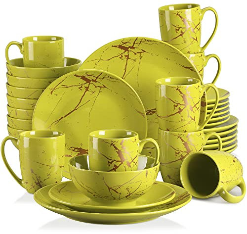 LOVECASA Serie Daphne Vajilla de Porcelana de Lujo, Juego de Vajilla de 32 Piezas Conjunto de Oro Inlay para 8 Personas, Con 8 Cuencos, 8 Tazas, 8 Platos de Postre y 8 Platos de Cena, Verde