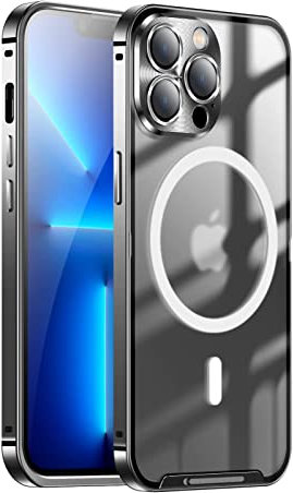 Cbincn Metal Frame Camera Lens Protector Case for iPhone 14, Magnetic Adsorption Metal Bumper Back Translucent Matte PC Cover, 360 Full Body Protection Case for iPhone 14 Black