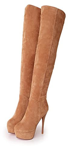 WOkismD 14CM Stivali Alti sopra Il Ginocchio Tacco Ultra Alto Stivali da Passeggio Plus Size da Donna,Marrone,40 EU