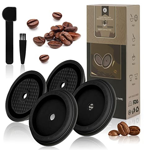 Lot de 4 capsules de café réutilisables, compatibles avec les capsules Nespresso Vertuo et VertuoLine - Filtre à café rechargeable, en silicone de qualité alimentaire avec cuillère et brosse (noir)