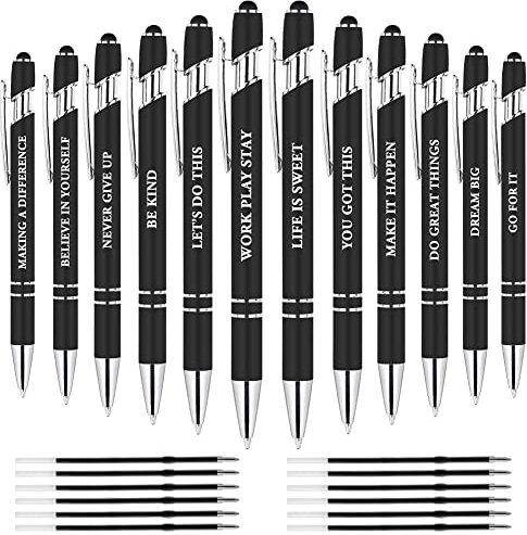 AUAUY Kugelschreiber, 2 in 1 Soft Touch Kugelschreiber, 12 Stück Druckkugelschreiber mit 12 Nachfüllungen, Inspirierender Stift aus Metall für Schreibtisch Mitarbeiter Abschluss Jubiläum Büro(Schwarz)