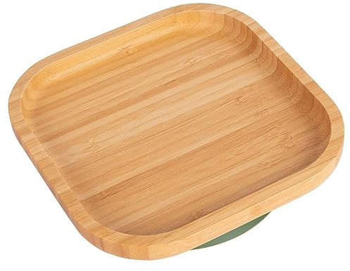 Tiny Dining Baby Plate with Suction Cup - Square - Olive Green - Divided Non-Slip Bamboo Self-Feeding Weaning Plate for Babies, Toddlers, Children