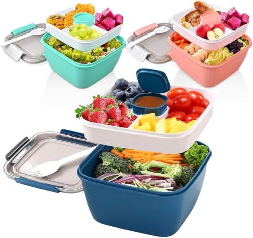 3 Pack Double Layer Bento Box with Sauce Box,1.5L Salad Lunch Container, Large Lunch Box Bowls with Divided Compartments for Adults Children, School, Office, Fruit, Picnic Travel (3 Color)