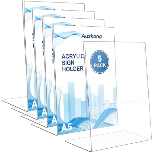 Auzkong Lot de 5 Supports de Panneau inclinés en Acrylique Transparent, Présentoir en A5, Supports de A5 en Acrylique, Présentoir A5 pour Restaurants Hôtels Menus Magasins Bureaux