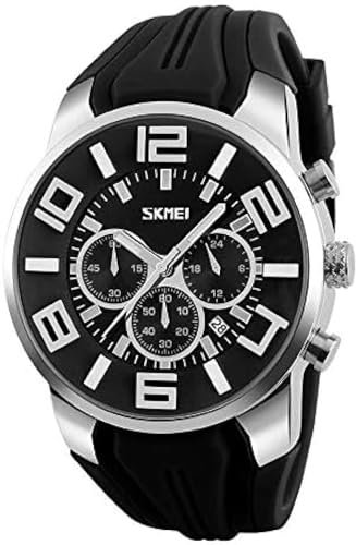 Herrenuhr, Quarzuhren Für Herren Mit Silikonarmband, Multifunktionskalender, Chronograph, 30 M wasserdichte Uhren Mit Sechs Nadeln, Simulierte Militärarmbanduhren Für Den Außenbereich,Schwarz,Outs