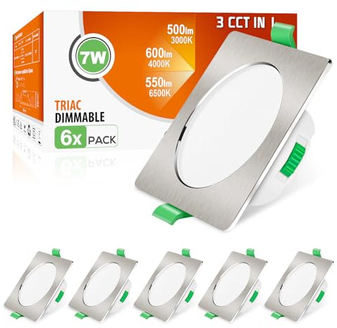 ALUSSO Faretti LED da Incasso per Cartongesso Dimmerabili, Ultrasottili 7W IP44 3000K 4000K 6500K Faretti LED Soffitto, AC 220-240V, Diametro Foro Ø67-75mm, Quadrato Nichel Spazzolato, Set di 6