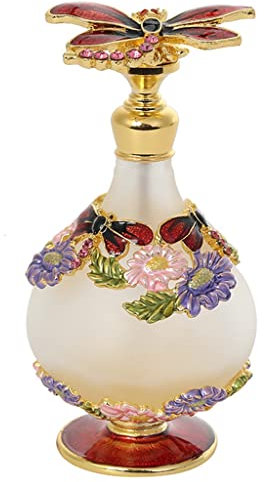 Bouteille de parfum en verre dépoli vintage 25 ml Bouteille de parfum papillon strass couvercle vide rechargeable (rouge vin 5 x 9 cm)