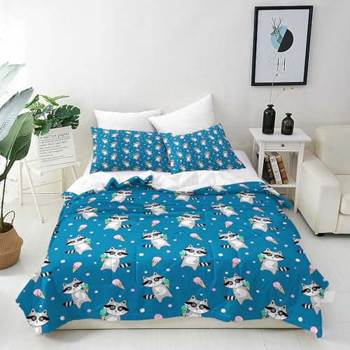 ANHOPE Cartoon Tier Waschbär EIS Bettwäsche Set 2 Teilig Bettbezug 100x135 cm + Kissenbezug 40x60 cm Weich Microfaser Bettbezüge mit Reißverschluss Bettdeckenbezug Set für Kinder Jungen Mädchen