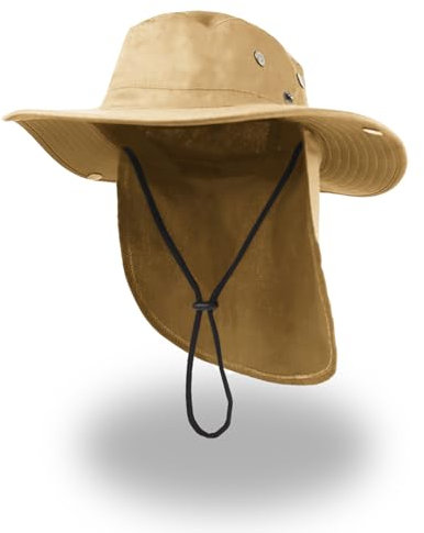 NLAND Sombrero de Sol Pescador Hombre Mujer Gorras de Pescador Transpirable Protección UPF Cuello para y Plegable Malla Jardinería Trekking Gorro con Orejeras,Khaki