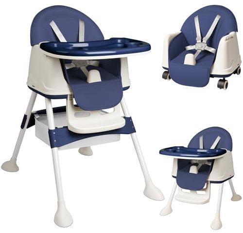 Kidsbuddy 4 in1 Hochstuhl Baby,Kinderhochstuhl Baby,Kombihochstuhl,Verstellbarer Umwandelbarer Babyhochstuh mit Sicherheitsgurte,Tablett,Einfach zu Reinigen,Babystuhl Sitz ab 6 Monat bis 6 Jahre,Blau