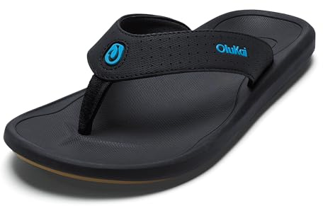 OLUKAI Ki'i Men's Beach Sandals, Quick-Dry Flip-Flop Slides, Water Resistant & Lightweight, Compression Molded Footbed & Ultra-Soft Comfort Fit, Lava Rock/Bold Blue, 11
