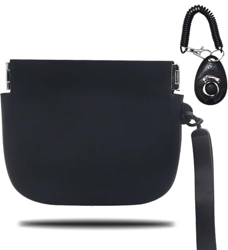 Silicone Dog Treat Pouch, Silicone Dog Training Bag with Pet Training Clicker, Dog Treat Bags for Walking, Portable Dog Treat Bag with Magnetic, Auto Closing and Waist Clip (Black)