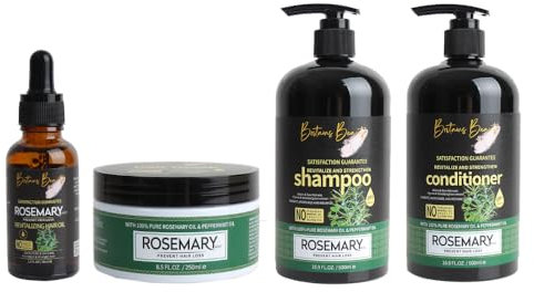Britains Beauty 4 Pcs Hair Growth Set - Ginger & Tea Tree, Red Onion, Rosemary & Mint for Nourishment, Shampoo, Conditioner, Mask, and Oil for Complete Hair Care (Standard, Rosemary)