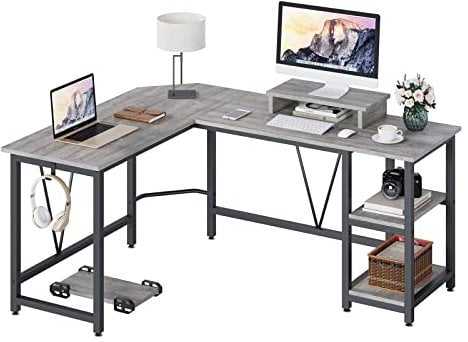 TREETALK Computer desk, L-shaped Desk with 2-Layer Shelves,Large PC Laptop Table with CPU Stand&Monitor Stand,Corner Desk for Home Office (Grey)
