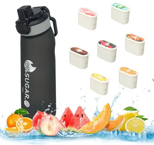 Air Water Bottle with Flavour Pods, 1000ml New Up-Graded Sports Water Bottle with 7 Flavour Pods, Starter Set 0 Sugar 0 Calorie BPA Free &Leak Proof Water Bottle for Gym Sports Outdoor(Matte Black)