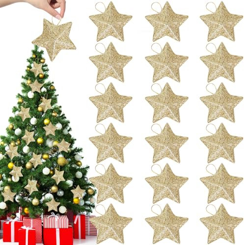 24 Stück Weihnachtsdeko Set, Funkelnder Weihnachtsbaum Deko, Goldener Weihnachtsanhänger, 5 X 5 cm Weihnachtsbaumschmuck - Dreidimensionale Sterne, für Party, Kamine, Fenster, Tischdekorationen