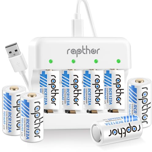 Rapthor 3.7V 900mAh Wiederaufladbare 8er Pack Akku und Ladegerät Kompatibel mit Arlo VMC3030 VMK3200 VMS3330 3530, Taschenlampe Polaroid Mikrofon Ersatz 123 Batterien