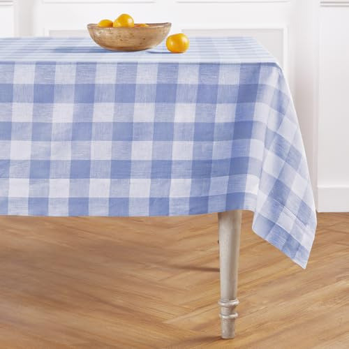 Solino Home Linen Square Tablecloth 52 x 52 Inch - 100% Pure Linen Hydrangea Blue Buffalo Check Tablecloth - Machine Washable Table Throw