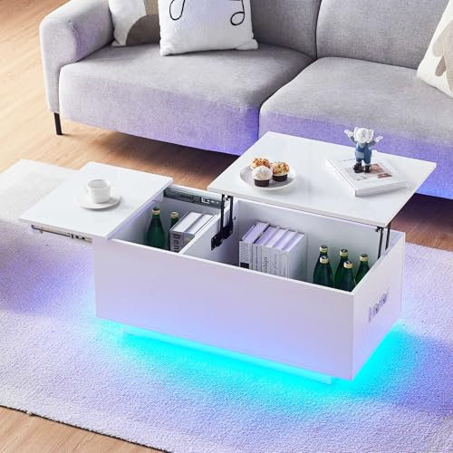 CLIPOP Table Basse Brillante - Table de Salon réglable en Hauteur, avec éclairage LED, Prise et Port USB, Couleurs de lumière réglables, Table Basse avec Compartiment de Rangement caché (Blanc)