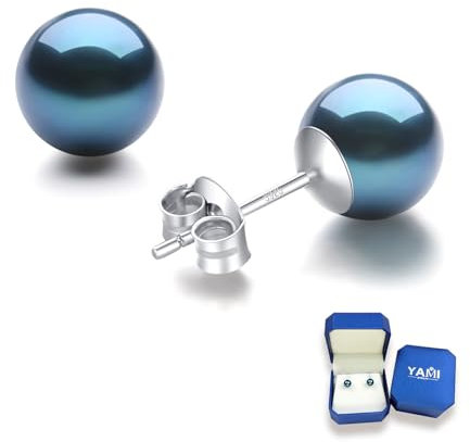 YAMI Süßwasser Perlenohrringe, Perlenohrringe Silber 925, Blau/Weiß/Schwarze Damen Ohrringe Perlen, 6-12mm Perlen Ohrringe 925 Silber, Ideal als Geschenk, Geeignet für Verschiedene Anlässe