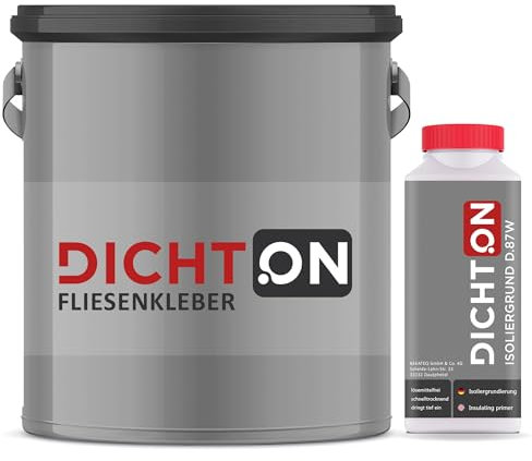 Fliesenkleber 5kg Set mit 1l Grundierung Isoliergrund - Fertigkleber für Fliesen, Gips, OSB, Glas, Klinker, Putz innen & aussen, Wand & Boden Klebstoff, Steinkleber, Montagekleber © DICHTON D.85W