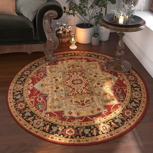Vintage Boho Rund Teppich Waschbarer Wohnzimmer Orientalischer Stil Sofa Teppich Kurzflor Couchtischmatte, Bunter Muster Rutschfester Carpet für Schlafzimmer. 100 cm