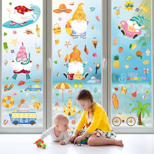 Sommer Fensteraufkleber, 9 Bögen Große Gnom Strand Obst Fensterbilder, Selbstklebend Aufkleber Doppelseitig Bedruckte Fenstersticker für Sommer Fensterdeko Kinderzimmer Geschäft Schule Party
