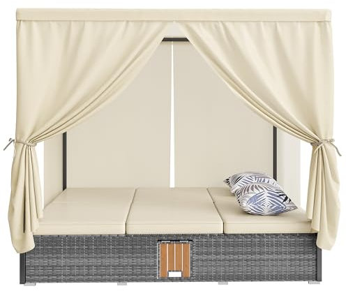 Zenithpath Gartenliege mit Schattenvorhang, Outdoor Gartenlouge 187x128x186cm, Gartenmöbel Wetterfest mit Klapptisch und Verstellbaren Rücklehnen