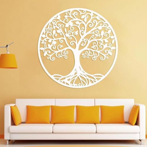 Metal Tree of Life Wall Art Outdoor Large Tree Metal Wall Decor Tree of Life Art Family Tree Nature Decoration for Bedroom Nursery Office Home Garden (White, 19.7x19.7 inch/50x50 cm, Framed)