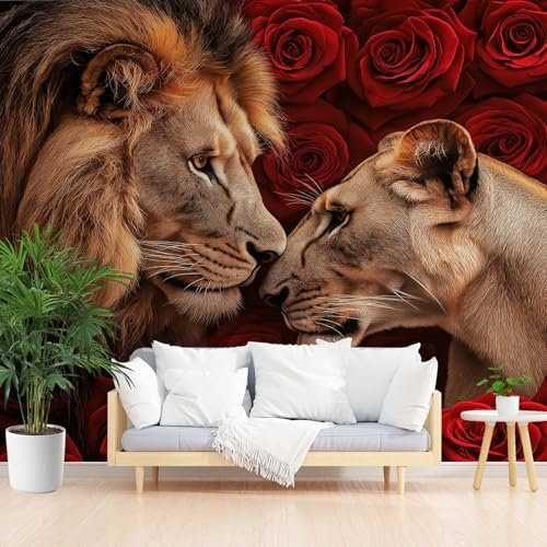 Löwe Mit Tiermotiv Fototapete 3D Effekt Romantische Blumen, Rose Wandtapete Schlafzimmer 150x105 cm Vlies Fototapete Tapete Moderne Wanddeko Wohnzimmer Kinderzimmer Dekoration