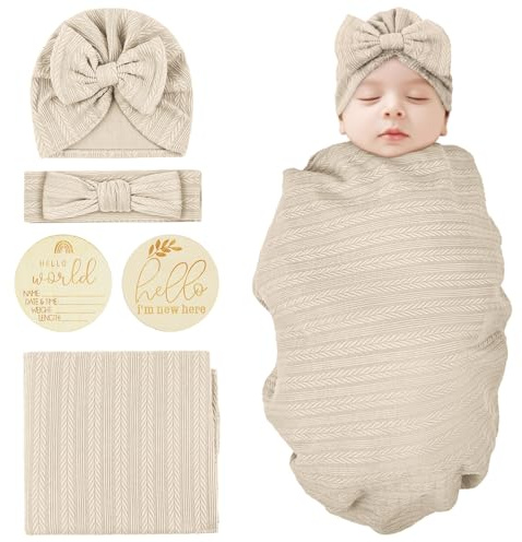 Vicloon Neugeborene Empfangsdecke, Neugeborene Swaddle Decke mit Stirnband Set, Decke Neugeborenen Swaddle, Neugeborenes Baby Schlafsack für Baby Boy Mädchen Schlafsack(Hellgelb)