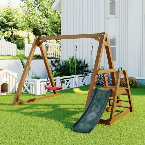 Portique double en bois pour enfants, avec 2 sièges, balançoire de jardin, robuste, avec toboggan et échelle d'escalade