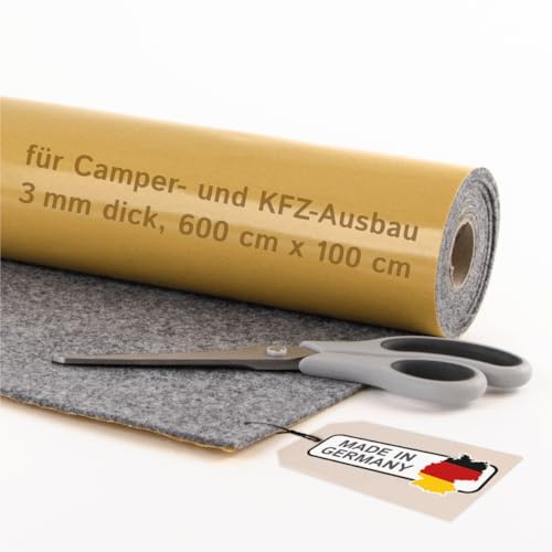 Selbstklebender Filz für Camper & Innenausbau – Meterware, Nadelfilz grau, 600 x 100 cm, 3 mm dick – flexibel, isolierend - Made in Germany
