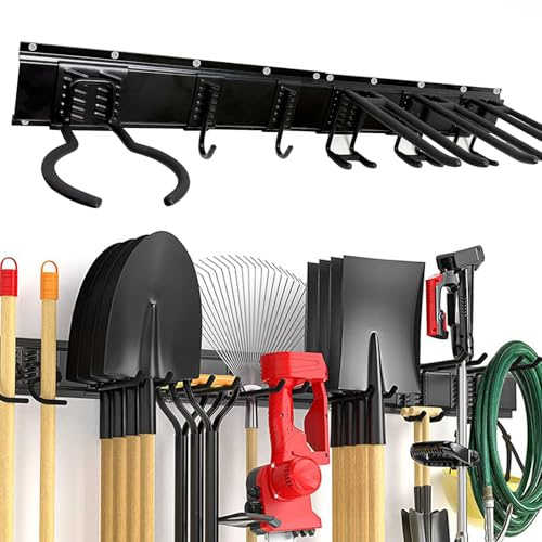 HYSHLC Halterung Gartengeräte mit 6 Verstellbaren Metallhaken, Wandhalterung Gartengeräte Aufhänger für Mopps, Skiausrüstung, Stühle, Besen, Rechen, Rasenmäher