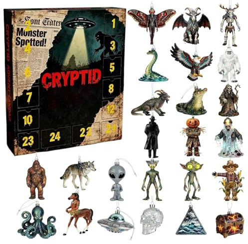 Unbekannte Mysterien Adventskalender 2025-24 Tage Monsterlegenden Mit Sammelbaren Mythischen Kreatur-Anhängern | 2D-Acryl Erwachsenen Paranormaler Weihnachts-Countdown-Kalender Geschenk Für Kryptide