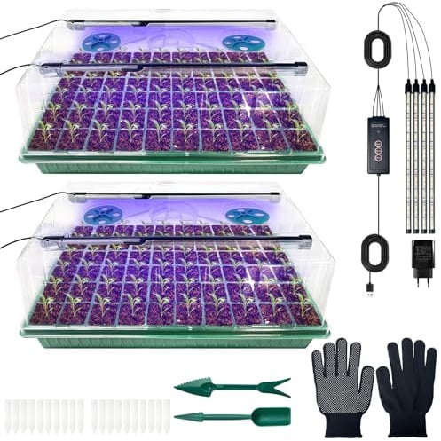 VEEKAY Vassoio Germinazione,2 Pezzi 120 Cellule Con Luce Solare A Spettro Completo Kit,Luminosità Regolabile e Regolatore di Temporizzazione,Umidità Regolabile,Con Etichette Per Piante