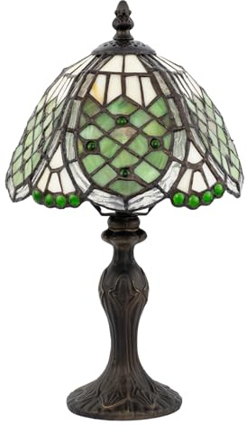 Classic Hand Crafted Round Beaded Tiffany Table Lighting Lamp in Toned Green | 36cm Height | Inline Cable Switch by Happy Homewares