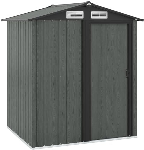 Outsunny Casetta da Giardino 1.7m² con Kit Fondazione Grigio Effetto Legno | Acciaio Zincato, Capanno da Giardino Porta Attrezzi, Tetto Inclinato, 4 Prese d'Aria, Porta Scorrevole