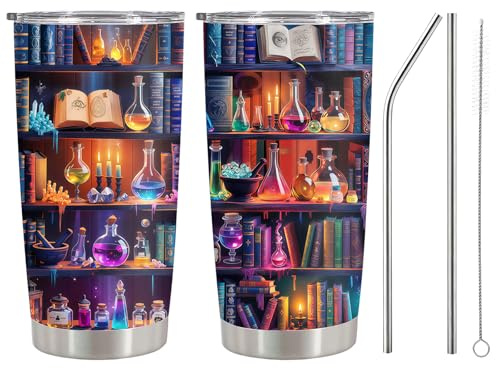 Clyrax Fantasy Book Lover Gifts, 20oz Stainless Steel Book Mug with Rune Design & Straw Lid, Book Themed Gifts for Book Lovers, Vacuum Insulated Travel Mug for Reading Nook, Office, Commute